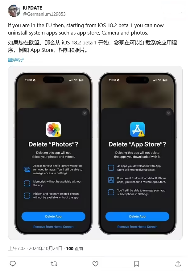 桑植苹果手机维修分享iOS 18.2 支持删除 App Store 应用商店 