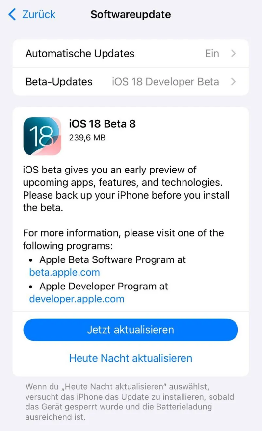 桑植苹果手机维修分享苹果 iOS / iPadOS 18 开发者预览版 Beta 8 发布 